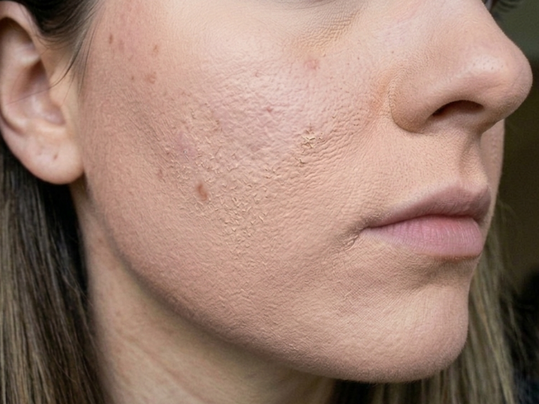 [Image : Gros plan sur une peau avec imperfections et maquillage visible]